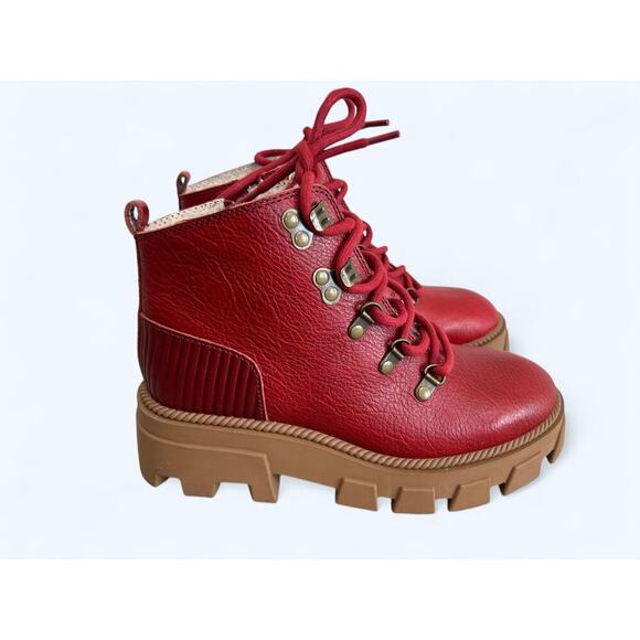 Kelsi Dagger Shoes - Kelsi Dagger Brooklyn Shoes Red Lace Up Lug Sole Ankle Combat Boots sz 5.5 M EUC